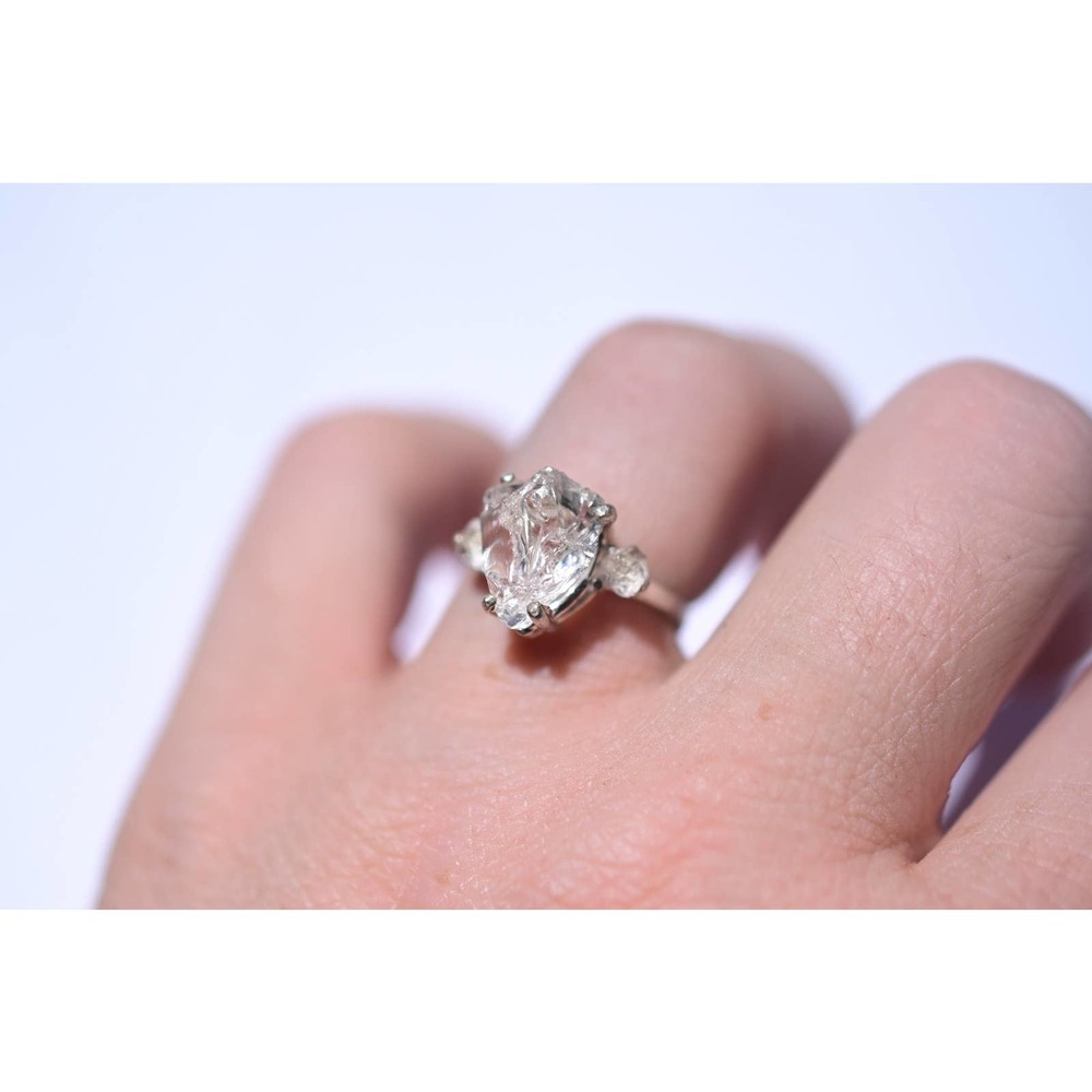 Three Stone Raw Diamond Engagement Ring, Rough Diamond Wedding Band,